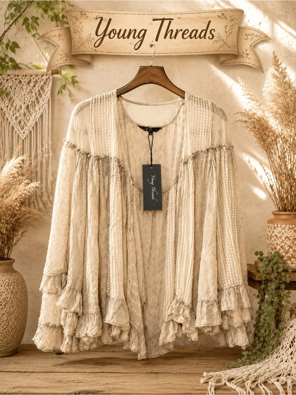 Young Threads Cream Ruffled Open Cardigan Sweater - Picture 1 of 1